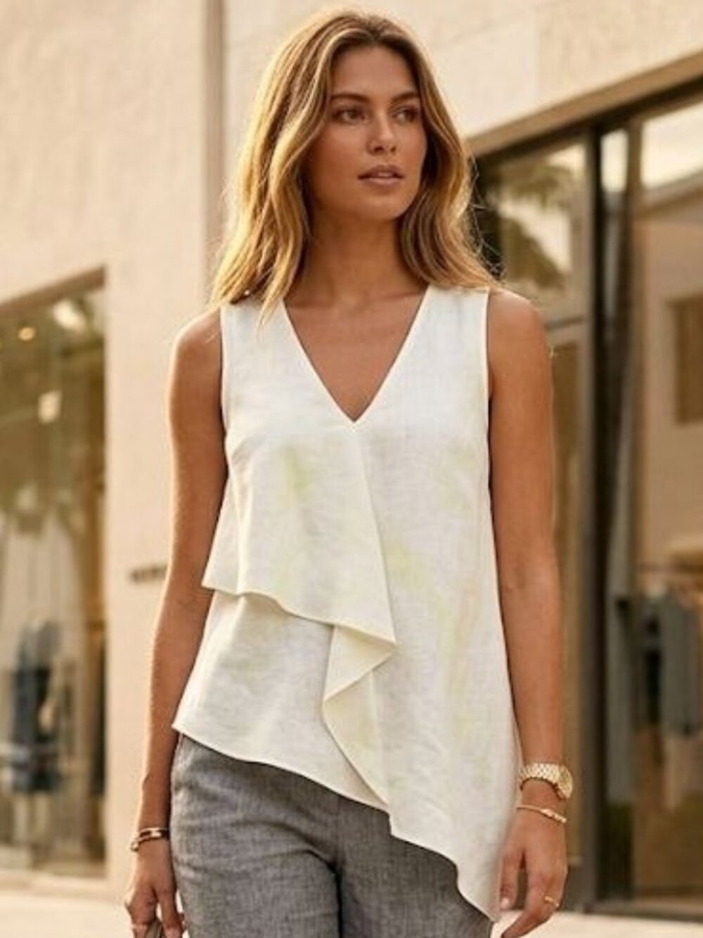 White Linen Asymmetrical Top with Front Ruffle, Harvé Bernard, Size S